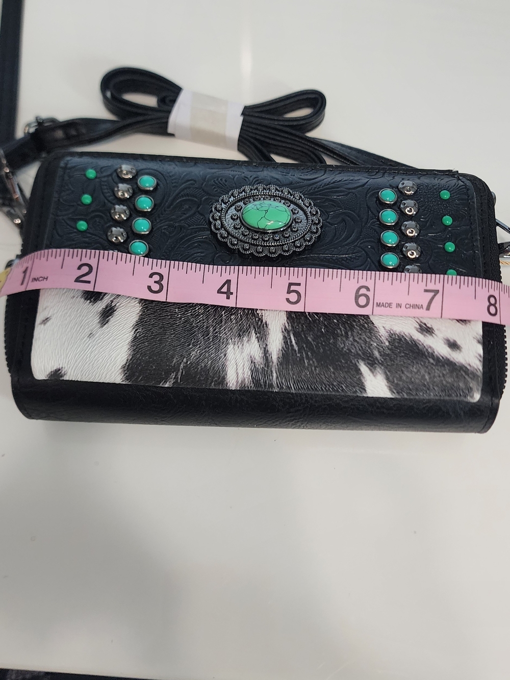 NWT Sam & Hadley Cowhide & Embossed Leather Crossbody w/ Turquoise Accents Black - Picture 11 of 15